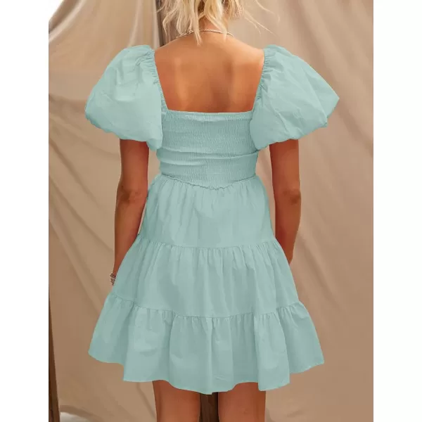 imageZESICA Womens 2023 Boho Summer Square Neck Puff Sleeve Off Shoulder Smocked Tiered Casual A Line Short Mini DressSage