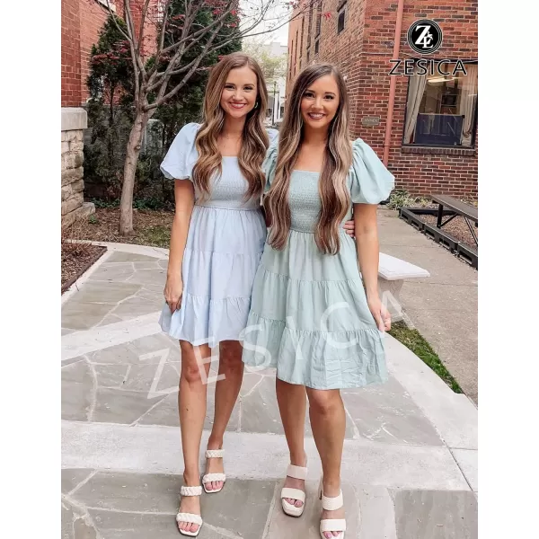 imageZESICA Womens 2023 Boho Summer Square Neck Puff Sleeve Off Shoulder Smocked Tiered Casual A Line Short Mini DressSage