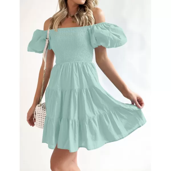imageZESICA Womens 2023 Boho Summer Square Neck Puff Sleeve Off Shoulder Smocked Tiered Casual A Line Short Mini DressSage