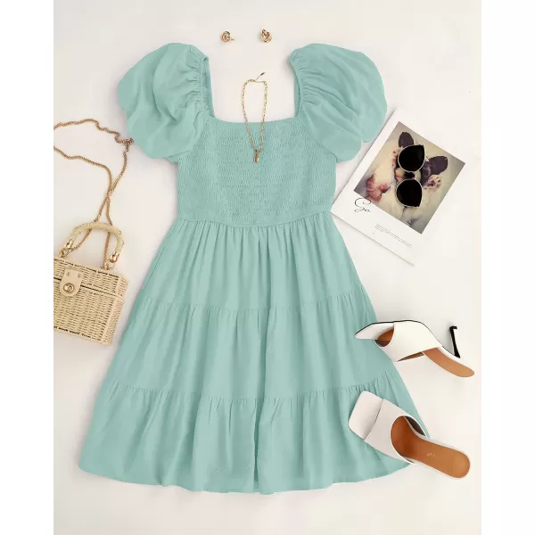 imageZESICA Womens 2023 Boho Summer Square Neck Puff Sleeve Off Shoulder Smocked Tiered Casual A Line Short Mini DressSage