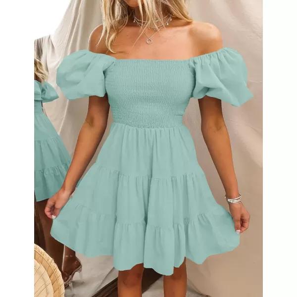 imageZESICA Womens 2023 Boho Summer Square Neck Puff Sleeve Off Shoulder Smocked Tiered Casual A Line Short Mini DressSage