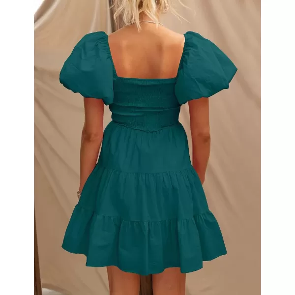 imageZESICA Womens 2023 Boho Summer Square Neck Puff Sleeve Off Shoulder Smocked Tiered Casual A Line Short Mini DressTeal