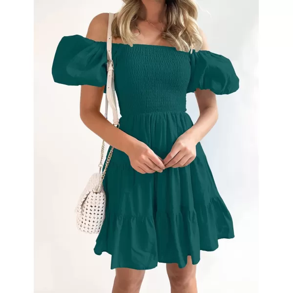 imageZESICA Womens 2023 Boho Summer Square Neck Puff Sleeve Off Shoulder Smocked Tiered Casual A Line Short Mini DressTeal