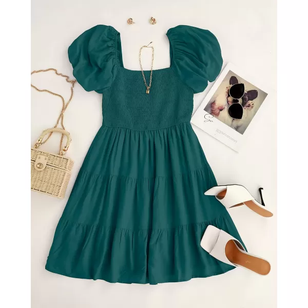 imageZESICA Womens 2023 Boho Summer Square Neck Puff Sleeve Off Shoulder Smocked Tiered Casual A Line Short Mini DressTeal