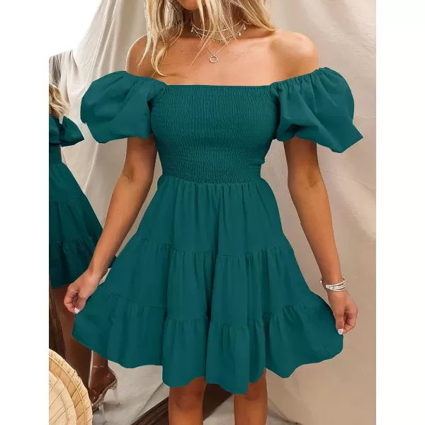 imageZESICA Womens 2023 Boho Summer Square Neck Puff Sleeve Off Shoulder Smocked Tiered Casual A Line Short Mini DressTeal
