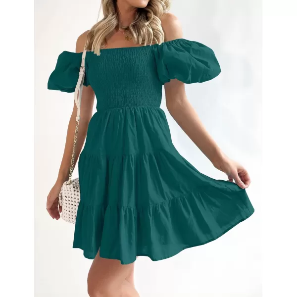 imageZESICA Womens 2023 Boho Summer Square Neck Puff Sleeve Off Shoulder Smocked Tiered Casual A Line Short Mini DressTeal
