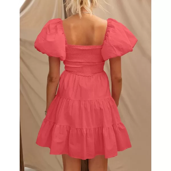 imageZESICA Womens 2023 Boho Summer Square Neck Puff Sleeve Off Shoulder Smocked Tiered Casual A Line Short Mini DressWatermelon