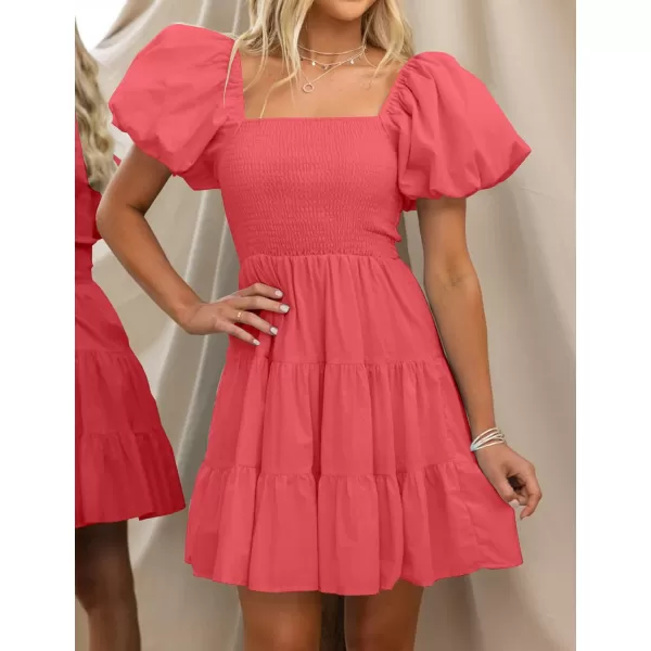 imageZESICA Womens 2023 Boho Summer Square Neck Puff Sleeve Off Shoulder Smocked Tiered Casual A Line Short Mini DressWatermelon
