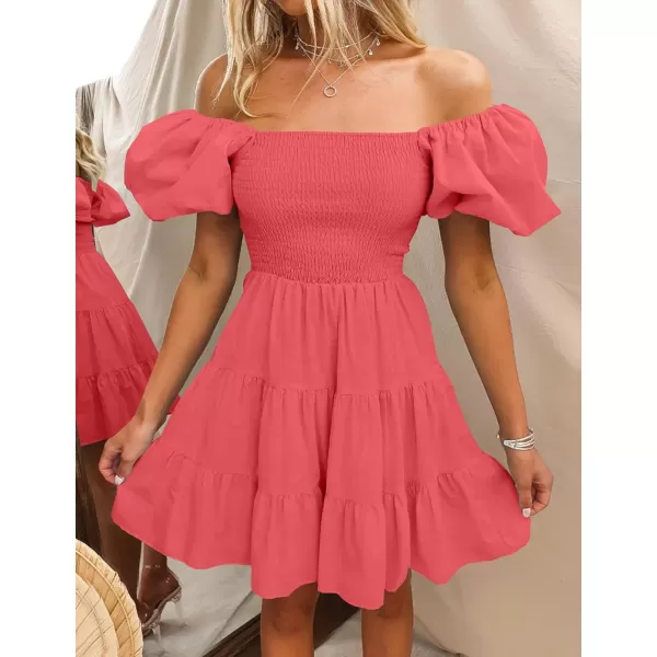 imageZESICA Womens 2023 Boho Summer Square Neck Puff Sleeve Off Shoulder Smocked Tiered Casual A Line Short Mini DressWatermelon