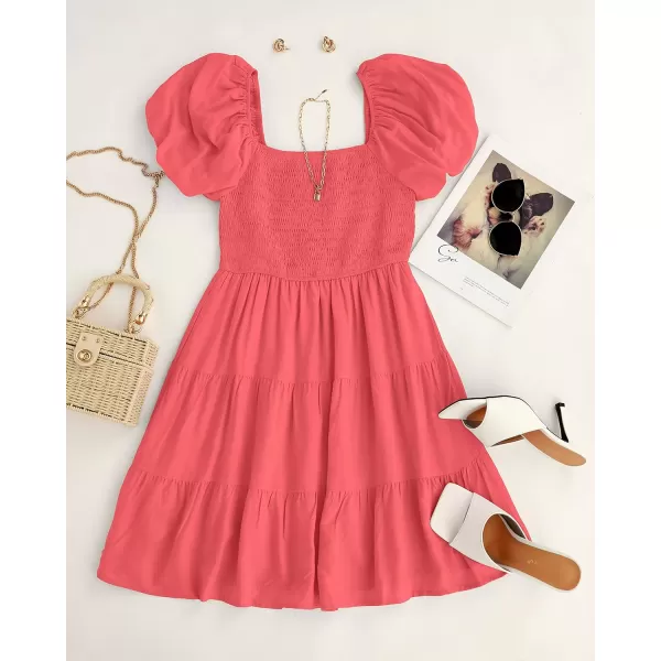 imageZESICA Womens 2023 Boho Summer Square Neck Puff Sleeve Off Shoulder Smocked Tiered Casual A Line Short Mini DressWatermelon