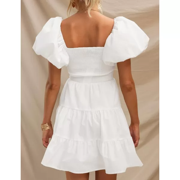 imageZESICA Womens 2023 Boho Summer Square Neck Puff Sleeve Off Shoulder Smocked Tiered Casual A Line Short Mini DressWhite