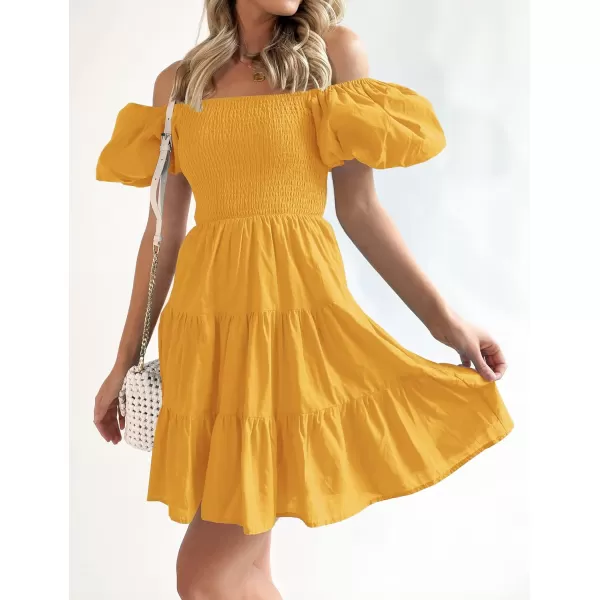 imageZESICA Womens 2023 Boho Summer Square Neck Puff Sleeve Off Shoulder Smocked Tiered Casual A Line Short Mini DressYellow