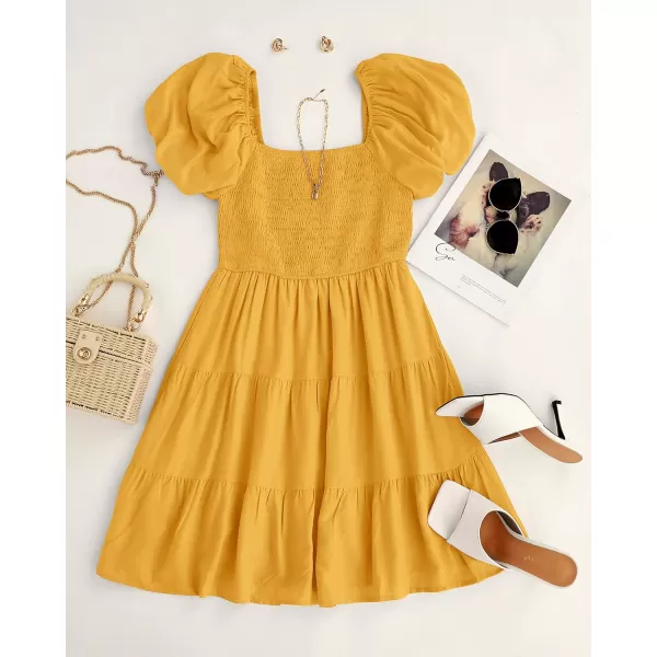 imageZESICA Womens 2023 Boho Summer Square Neck Puff Sleeve Off Shoulder Smocked Tiered Casual A Line Short Mini DressYellow