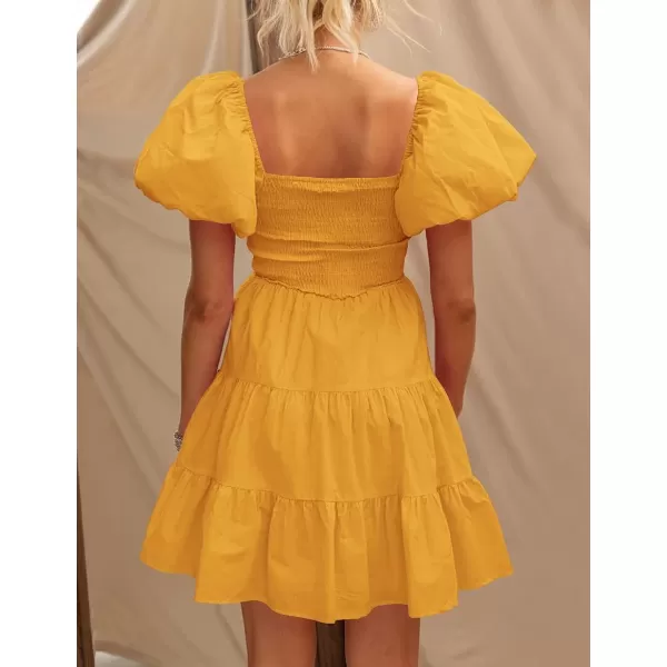 imageZESICA Womens 2023 Boho Summer Square Neck Puff Sleeve Off Shoulder Smocked Tiered Casual A Line Short Mini DressYellow