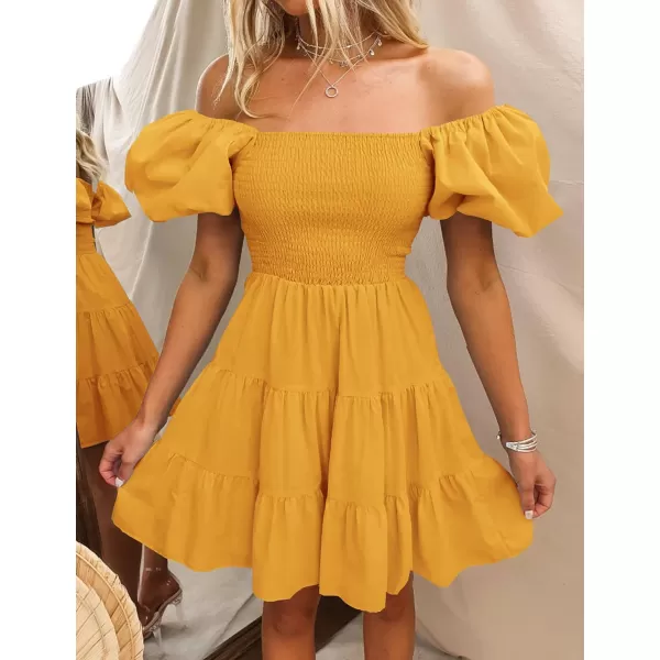 imageZESICA Womens 2023 Boho Summer Square Neck Puff Sleeve Off Shoulder Smocked Tiered Casual A Line Short Mini DressYellow