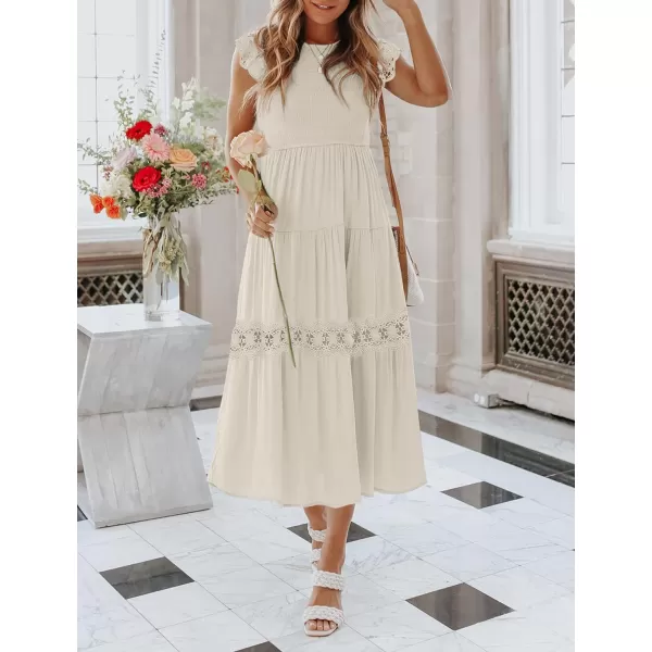 imageZESICA Womens 2023 Casual Crew Neck Flutter Sleeve Smocked High Waist Hollow Out Lace Trim Tiered A Line Midi DressApricot