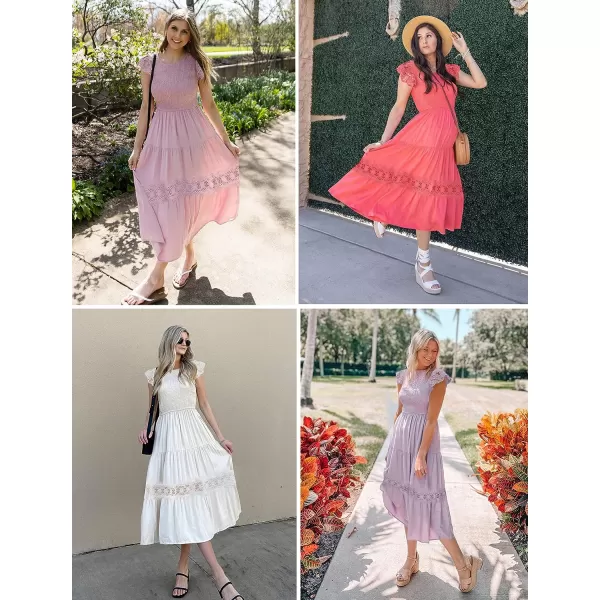 imageZESICA Womens 2023 Casual Crew Neck Flutter Sleeve Smocked High Waist Hollow Out Lace Trim Tiered A Line Midi DressApricot