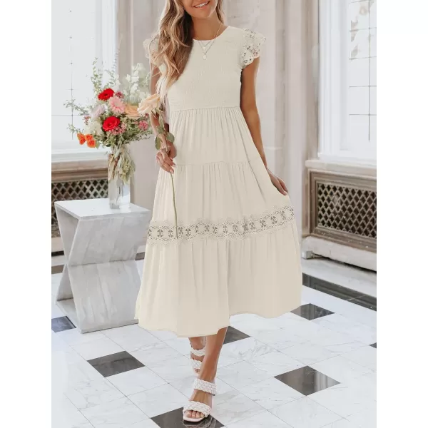 imageZESICA Womens 2023 Casual Crew Neck Flutter Sleeve Smocked High Waist Hollow Out Lace Trim Tiered A Line Midi DressApricot