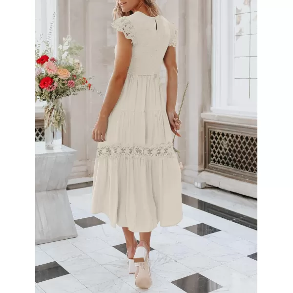 imageZESICA Womens 2023 Casual Crew Neck Flutter Sleeve Smocked High Waist Hollow Out Lace Trim Tiered A Line Midi DressApricot