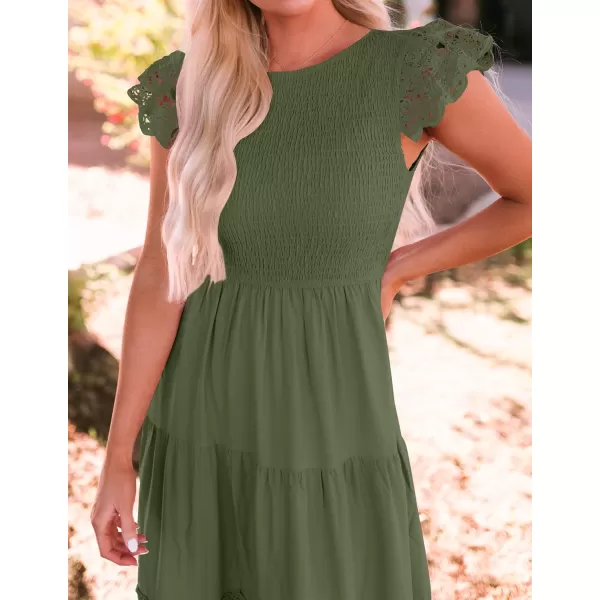 imageZESICA Womens 2023 Casual Crew Neck Flutter Sleeve Smocked High Waist Hollow Out Lace Trim Tiered A Line Midi DressArmygreen