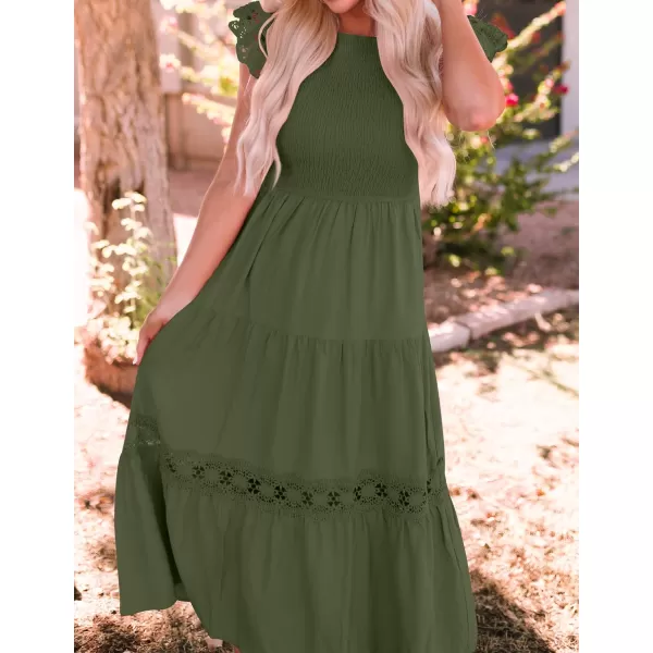imageZESICA Womens 2023 Casual Crew Neck Flutter Sleeve Smocked High Waist Hollow Out Lace Trim Tiered A Line Midi DressArmygreen