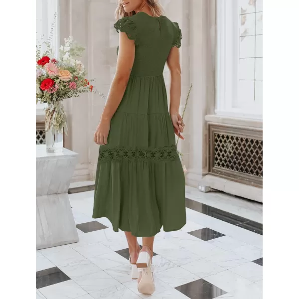 imageZESICA Womens 2023 Casual Crew Neck Flutter Sleeve Smocked High Waist Hollow Out Lace Trim Tiered A Line Midi DressArmygreen