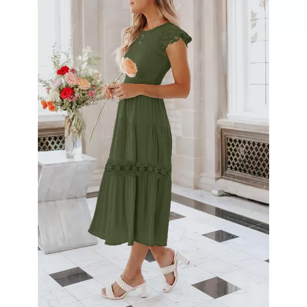imageZESICA Womens 2023 Casual Crew Neck Flutter Sleeve Smocked High Waist Hollow Out Lace Trim Tiered A Line Midi DressArmygreen