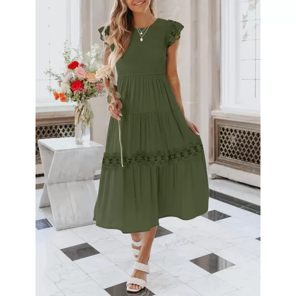 imageZESICA Womens 2023 Casual Crew Neck Flutter Sleeve Smocked High Waist Hollow Out Lace Trim Tiered A Line Midi DressArmygreen