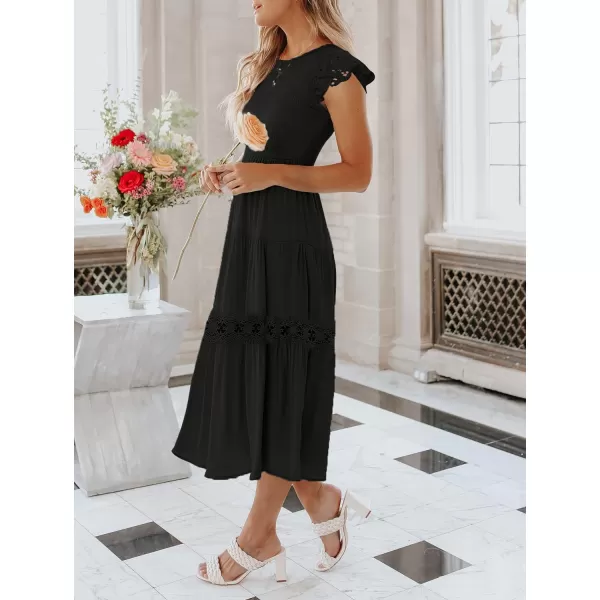 imageZESICA Womens 2023 Casual Crew Neck Flutter Sleeve Smocked High Waist Hollow Out Lace Trim Tiered A Line Midi DressBlack