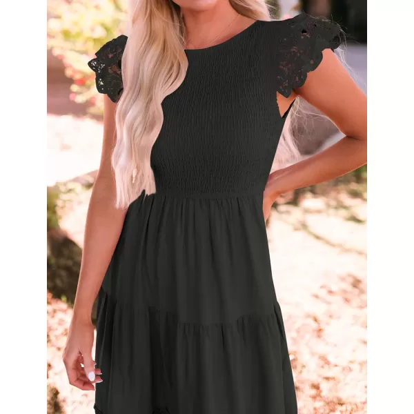 imageZESICA Womens 2023 Casual Crew Neck Flutter Sleeve Smocked High Waist Hollow Out Lace Trim Tiered A Line Midi DressBlack