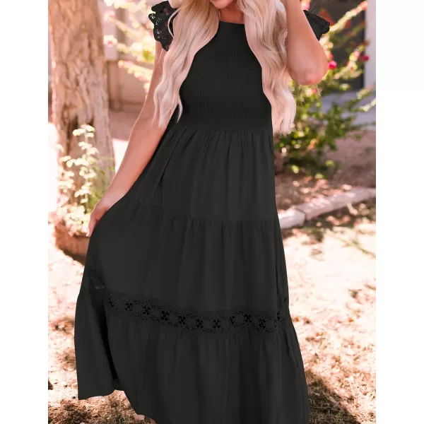 imageZESICA Womens 2023 Casual Crew Neck Flutter Sleeve Smocked High Waist Hollow Out Lace Trim Tiered A Line Midi DressBlack