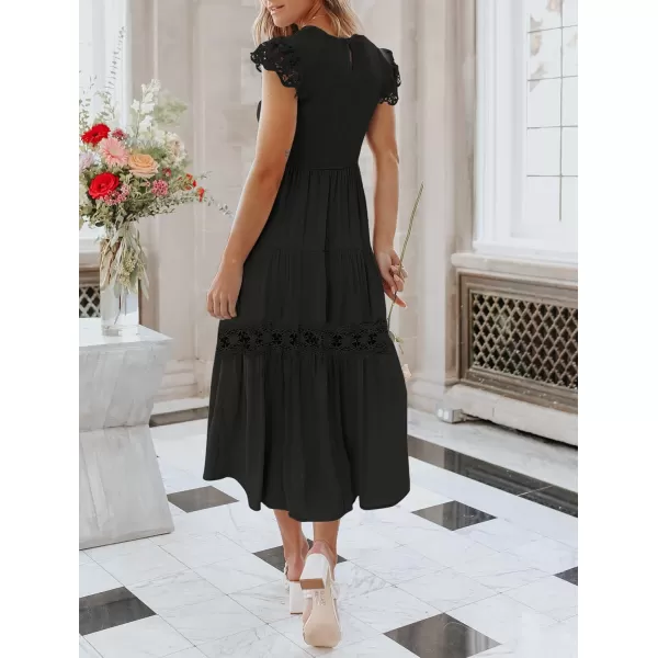 imageZESICA Womens 2023 Casual Crew Neck Flutter Sleeve Smocked High Waist Hollow Out Lace Trim Tiered A Line Midi DressBlack