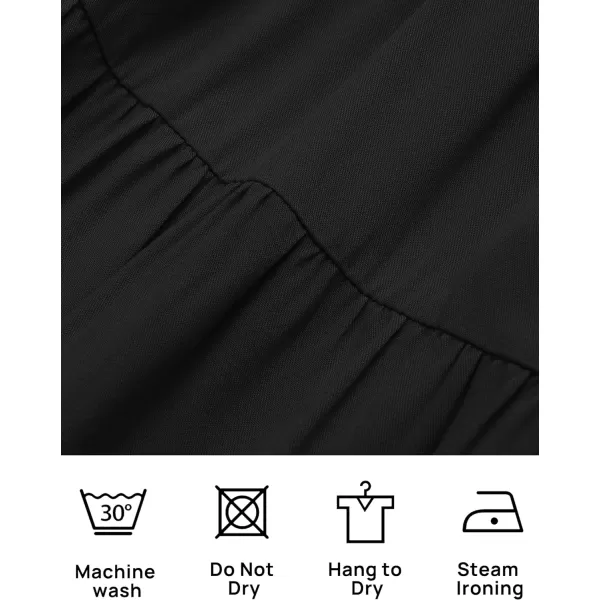 imageZESICA Womens 2023 Casual Crew Neck Flutter Sleeve Smocked High Waist Hollow Out Lace Trim Tiered A Line Midi DressBlack