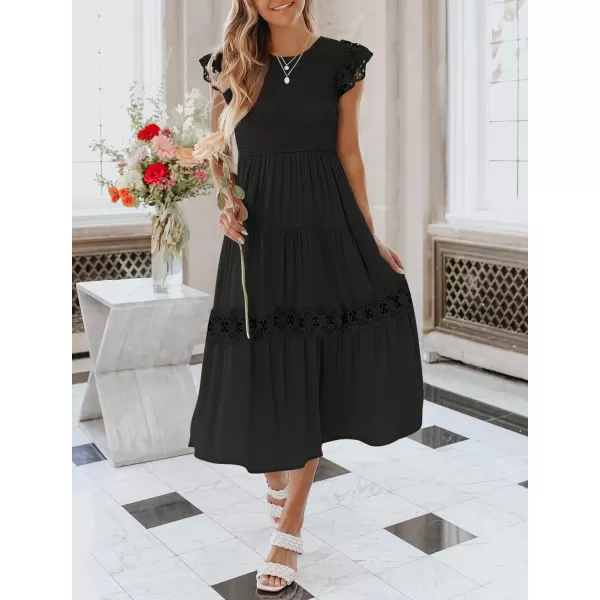 imageZESICA Womens 2023 Casual Crew Neck Flutter Sleeve Smocked High Waist Hollow Out Lace Trim Tiered A Line Midi DressBlack
