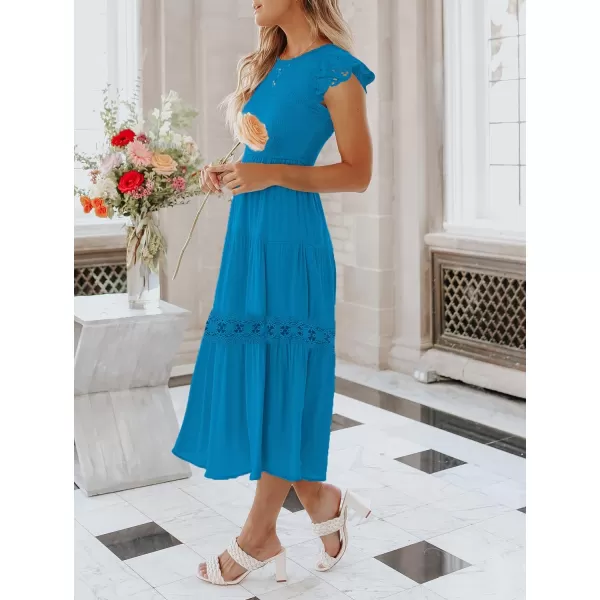 imageZESICA Womens 2023 Casual Crew Neck Flutter Sleeve Smocked High Waist Hollow Out Lace Trim Tiered A Line Midi DressCobaltblue