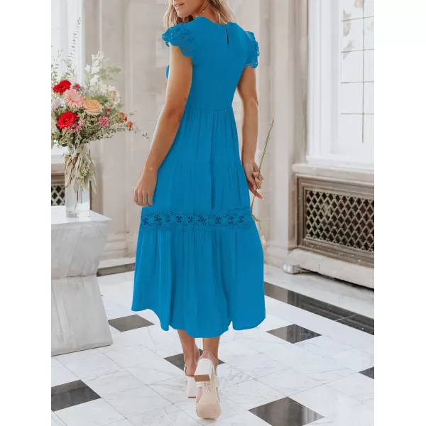 imageZESICA Womens 2023 Casual Crew Neck Flutter Sleeve Smocked High Waist Hollow Out Lace Trim Tiered A Line Midi DressCobaltblue