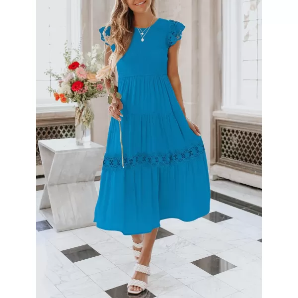 imageZESICA Womens 2023 Casual Crew Neck Flutter Sleeve Smocked High Waist Hollow Out Lace Trim Tiered A Line Midi DressCobaltblue