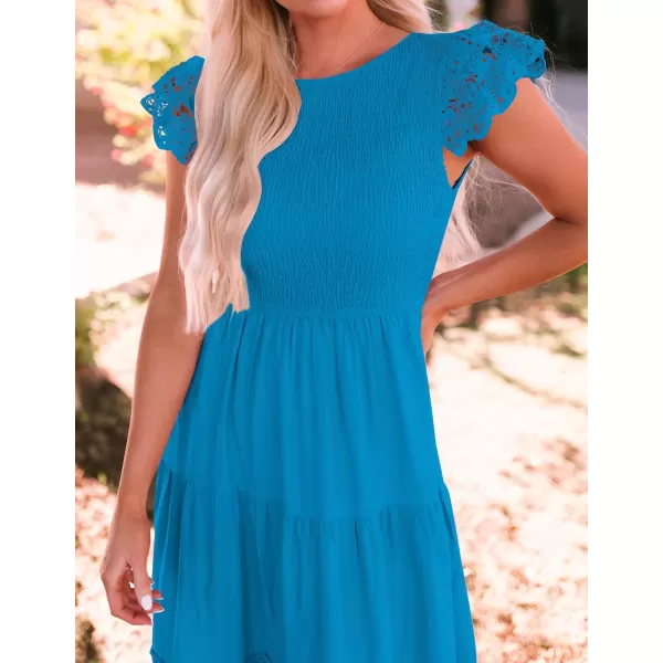 imageZESICA Womens 2023 Casual Crew Neck Flutter Sleeve Smocked High Waist Hollow Out Lace Trim Tiered A Line Midi DressCobaltblue