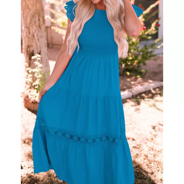 imageZESICA Womens 2023 Casual Crew Neck Flutter Sleeve Smocked High Waist Hollow Out Lace Trim Tiered A Line Midi DressCobaltblue
