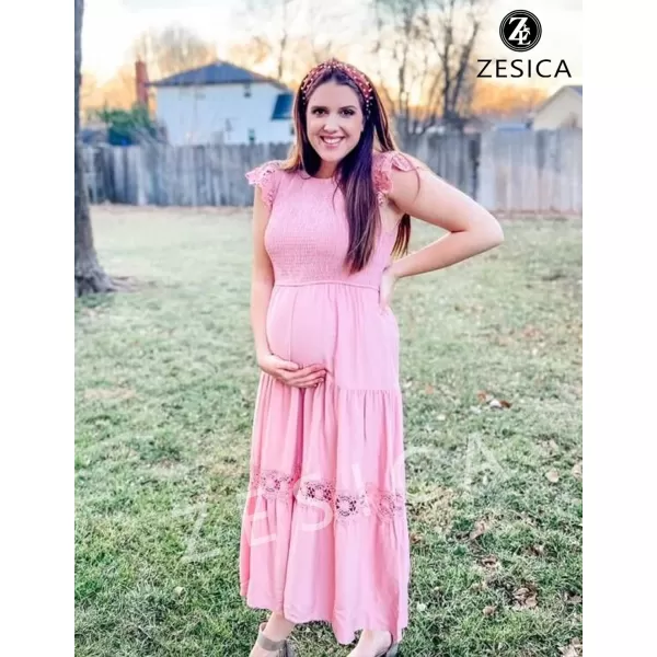 imageZESICA Womens 2023 Casual Crew Neck Flutter Sleeve Smocked High Waist Hollow Out Lace Trim Tiered A Line Midi DressDarkpink