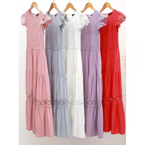 imageZESICA Womens 2023 Casual Crew Neck Flutter Sleeve Smocked High Waist Hollow Out Lace Trim Tiered A Line Midi DressDarkpink