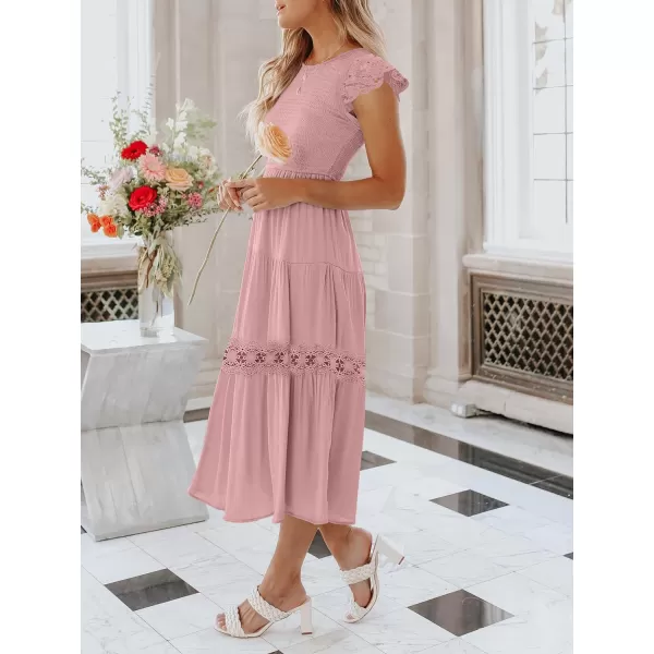 imageZESICA Womens 2023 Casual Crew Neck Flutter Sleeve Smocked High Waist Hollow Out Lace Trim Tiered A Line Midi DressDarkpink