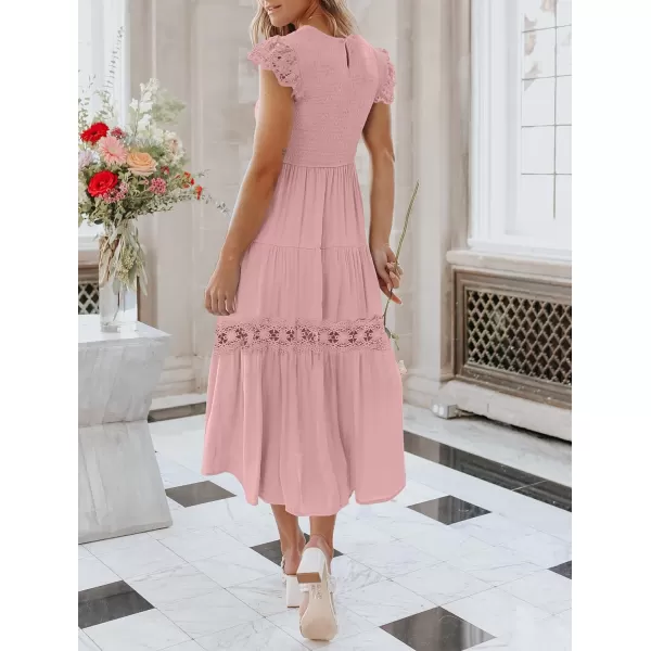 imageZESICA Womens 2023 Casual Crew Neck Flutter Sleeve Smocked High Waist Hollow Out Lace Trim Tiered A Line Midi DressDarkpink
