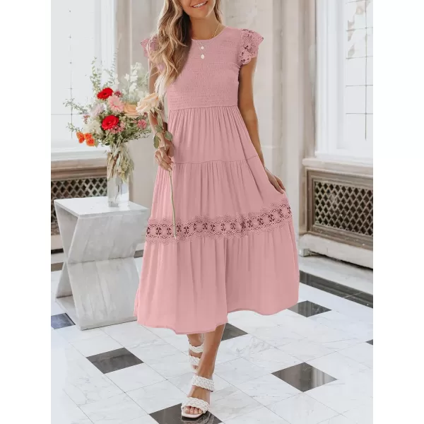 imageZESICA Womens 2023 Casual Crew Neck Flutter Sleeve Smocked High Waist Hollow Out Lace Trim Tiered A Line Midi DressDarkpink