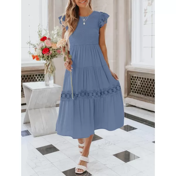 imageZESICA Womens 2023 Casual Crew Neck Flutter Sleeve Smocked High Waist Hollow Out Lace Trim Tiered A Line Midi DressDustyblue