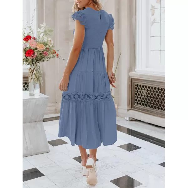 imageZESICA Womens 2023 Casual Crew Neck Flutter Sleeve Smocked High Waist Hollow Out Lace Trim Tiered A Line Midi DressDustyblue