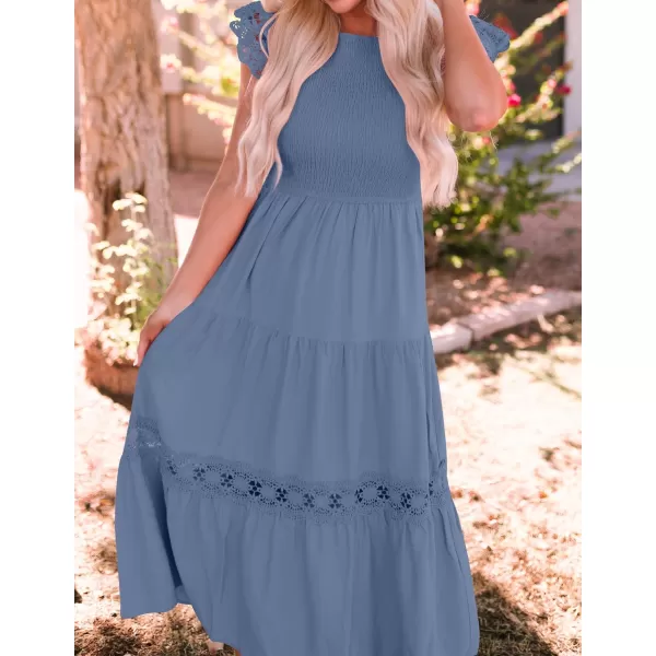 imageZESICA Womens 2023 Casual Crew Neck Flutter Sleeve Smocked High Waist Hollow Out Lace Trim Tiered A Line Midi DressDustyblue