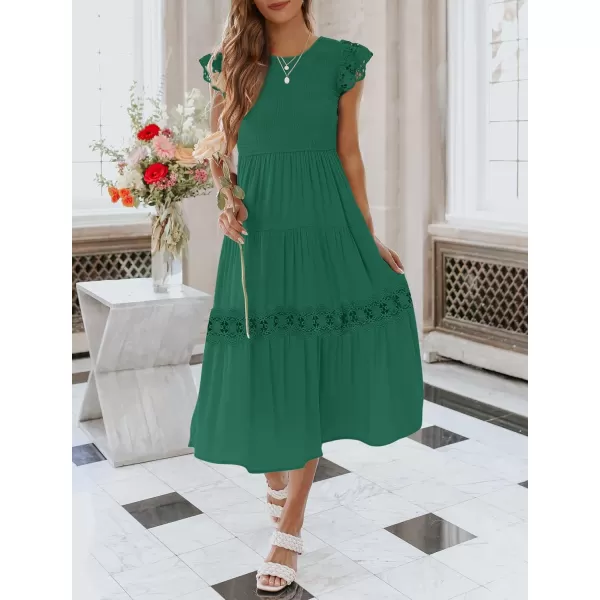 imageZESICA Womens 2023 Casual Crew Neck Flutter Sleeve Smocked High Waist Hollow Out Lace Trim Tiered A Line Midi DressForestgreen