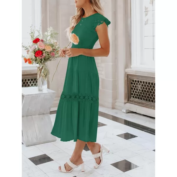 imageZESICA Womens 2023 Casual Crew Neck Flutter Sleeve Smocked High Waist Hollow Out Lace Trim Tiered A Line Midi DressForestgreen