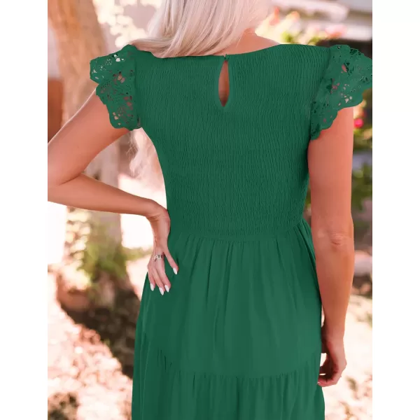 imageZESICA Womens 2023 Casual Crew Neck Flutter Sleeve Smocked High Waist Hollow Out Lace Trim Tiered A Line Midi DressForestgreen
